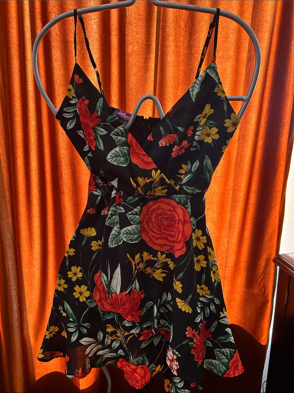 Floral Black Mini Dress with Red & Yellow Blooms